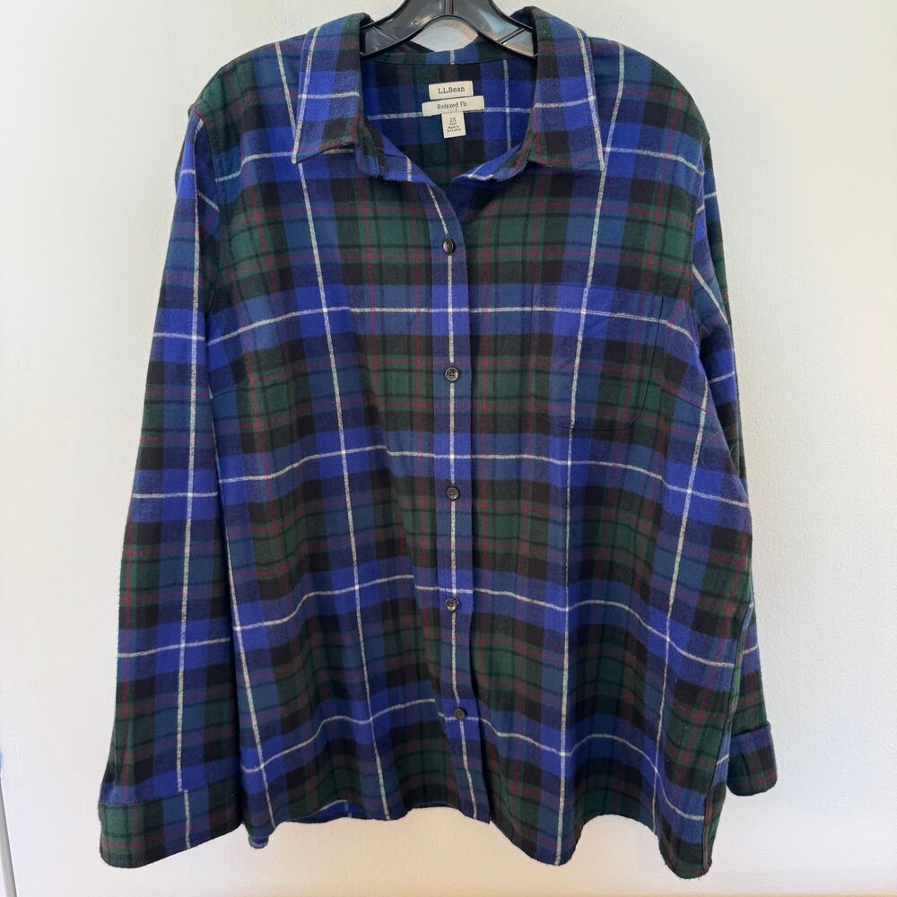 L.L.Bean Womens 2X Relaxed Fit Flannel Shirt Blue Green Plaid Button Front Plus